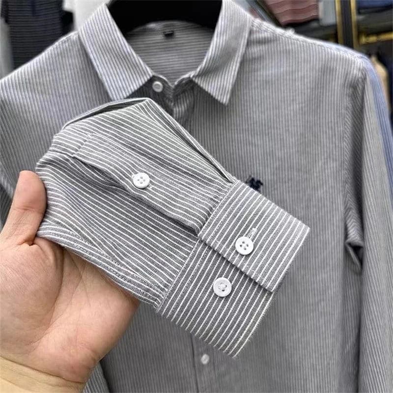 High Quality Men's Shirts 2024Spring New 100%Cotton Stripe Spur Embroid Shirts Korean Business Fashion Long Sleeve Men's Wear - Boutique Beauté Santé 