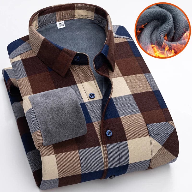 Autumn Winter Thicken Fleece Shirt Men Business Plaid Shirt Long Sleeve Warm Clothes Turn Down Collar Button Up Shirts Classic - Boutique Beauté Santé 