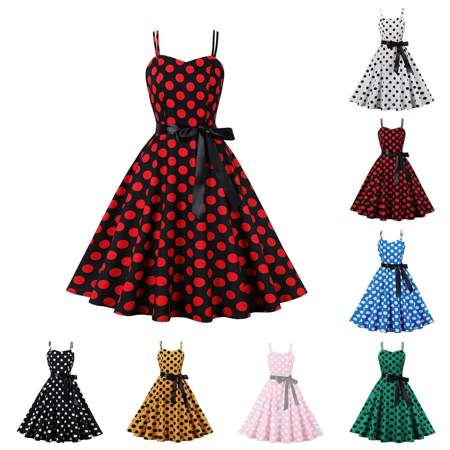 European And American Women's Polka Dot Dresses Retro Large Hem Tie Long Skirts Sundresses Of Hair Large V Neck Pocket Dress