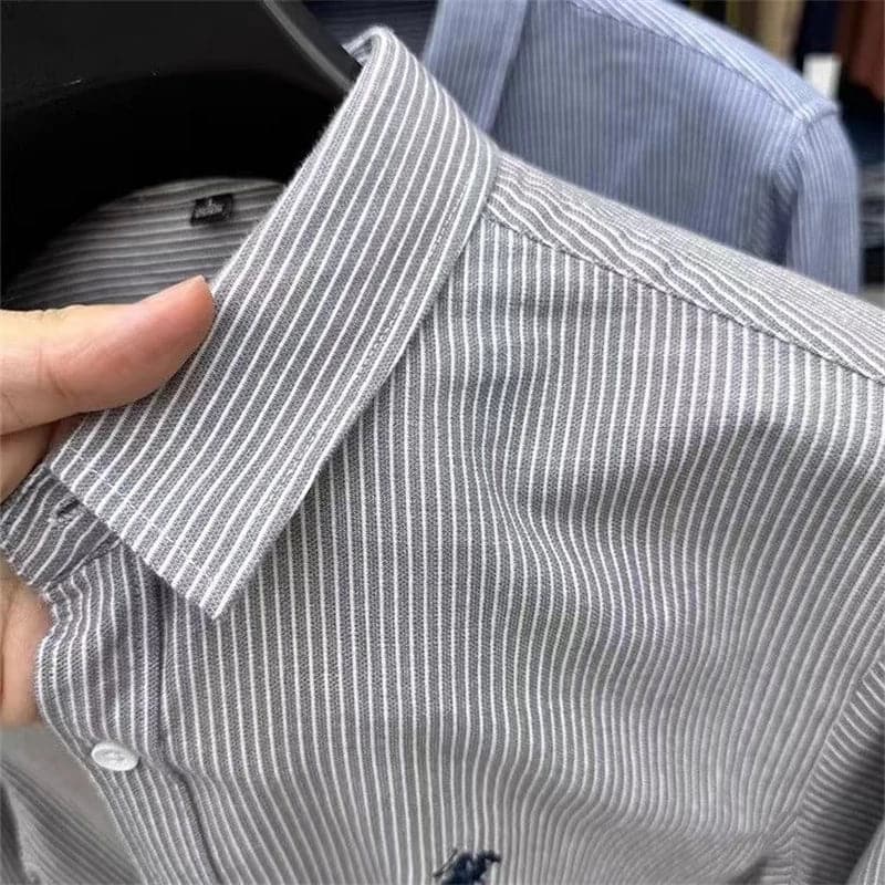 High Quality Men's Shirts 2024Spring New 100%Cotton Stripe Spur Embroid Shirts Korean Business Fashion Long Sleeve Men's Wear - Boutique Beauté Santé 