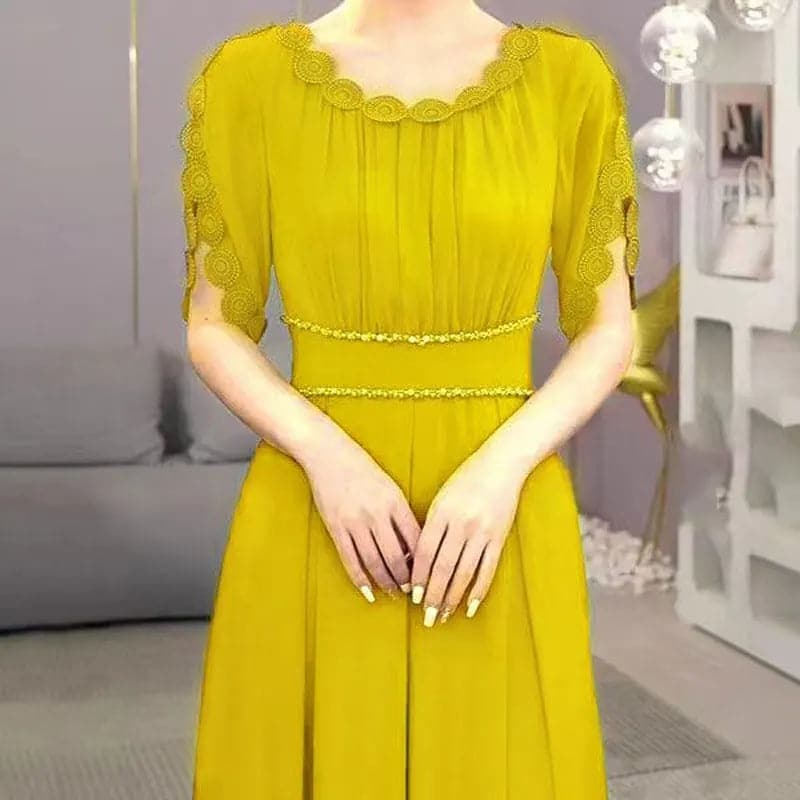 Summer Elegant Petal Sleeve Dresses Stylish Lace Spliced Pleated Women's Clothing Waist Chic Beading Casual O-Neck Long Dress - Boutique Beauté Santé 