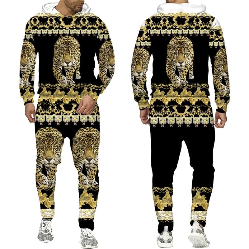 Men's Hoodie Pants Suit Leopard Golden Pattern Sportswear Set 3D Print Women Fashion Tracksuit Jogging Clothes For Men Clothing - Boutique Beauté Santé 