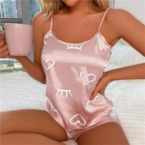 2024 New Fashion Sexy Love Pajama Set Women's 2 Pieces Sleepwear Pyjamas Silk Satin Cami Top and Shorts Pajamas for Women Love