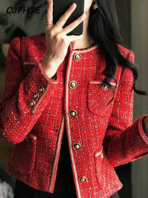 CJFHJE Red Tweed Blazers Women New Autumn Winter Loose O-Neck Single-Breasted Suit Jacket Female Korean Style Elegant Lady Coats