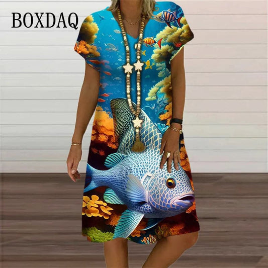 New Women Ocean Life Sea 3D Fish Print Dresses For 2024 Summer Beach Style Loose Short Sleeve Dress Casual V-Neck Woman Clothes - Boutique Beauté Santé 