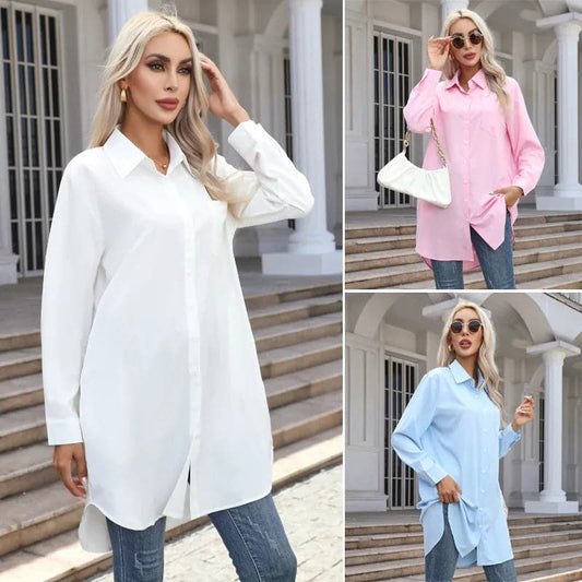 New Women's Spring Autumn Long Sleeve Dress Casual Turn Collar Shirts For Women Clothing - Boutique Beauté Santé 