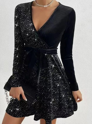 Women's Sexy V-Neck Wrap Hip Irregular Mini Dress Temperament Commuting Lace Up Design Woman Long Sleeve Sequin Elegant Dresses