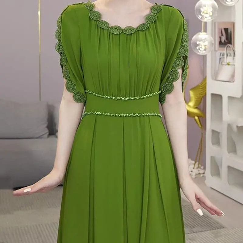 Summer Elegant Petal Sleeve Dresses Stylish Lace Spliced Pleated Women's Clothing Waist Chic Beading Casual O-Neck Long Dress - Boutique Beauté Santé 