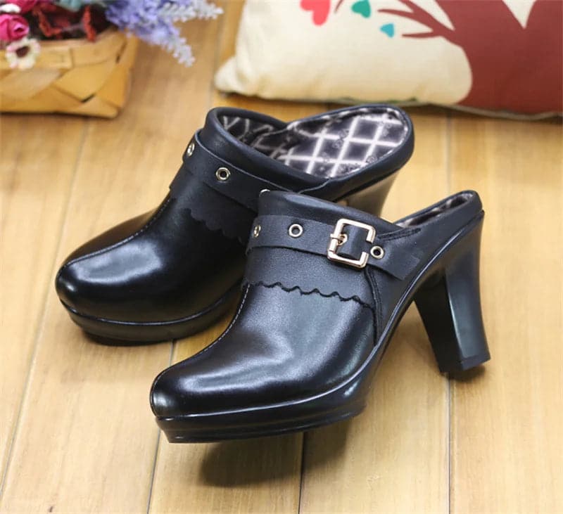 Fashion Women Pumps Slippers Ladies Female Slides Shoes Sandals 2024 Indoor Shopping Mall High-Heeled Slippers Genuine Leather - Boutique Beauté Santé 