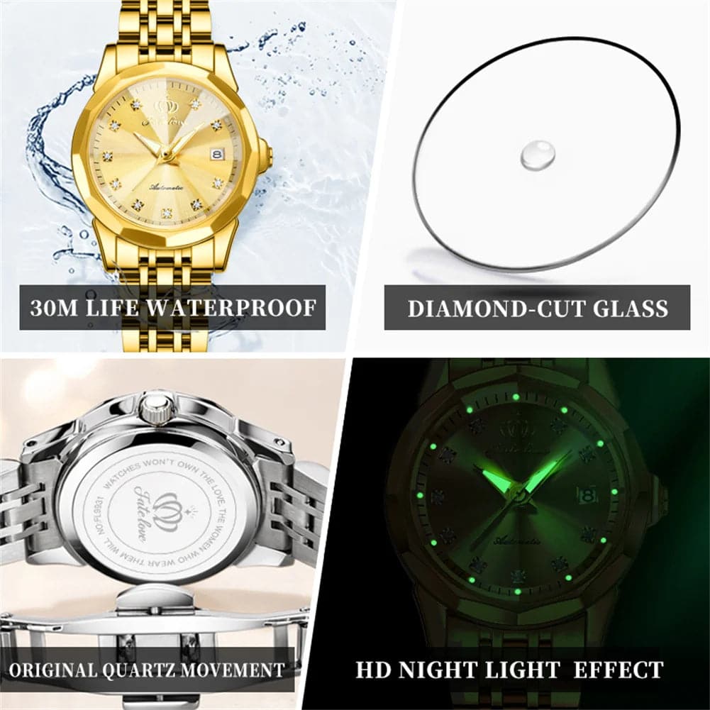 Fate Love Luxury Quartz Watch for Women Solid Stainless Steel Rhombus Mirror Elegant Ladies Wristwatch Bracelet Necklace Sets - Boutique Beauté Santé 