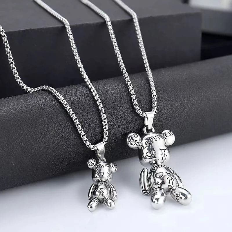 Movable Bear Pendant Titanium Steel Necklace Hip Hop Men and Women Punk Couple Sweater Chain Female Bracelet Earring Jewelry - Boutique Beauté Santé 