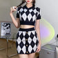 Women's Fashion Sweater Skirt Suit Slim V-Neck Knit Retro Sexy Nightclub Short Sleeve Crop Top Short Miniskirt Dress 2 Piece Set