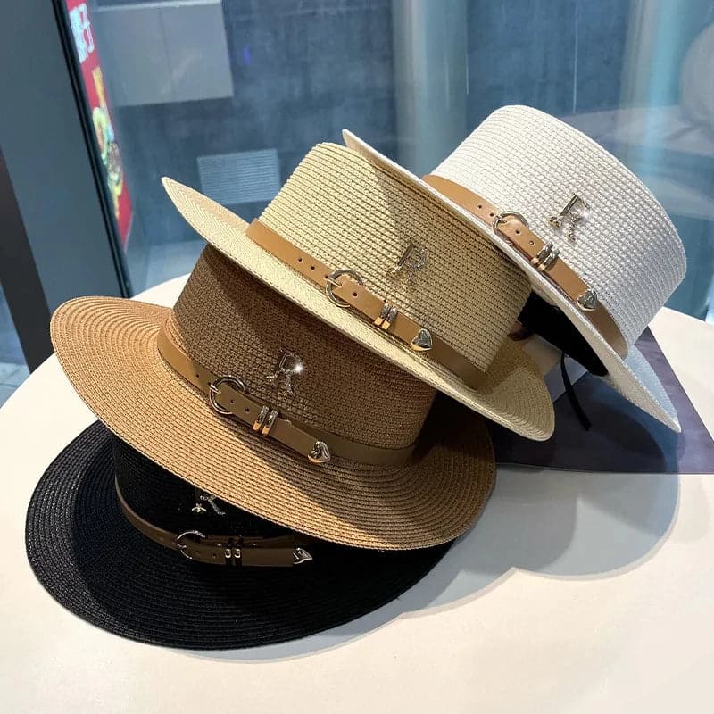 Summer Sun Hat Flat Top Straw Hats for Women New Metal R Letter Fashionable Beach Sun Hat Females Travel Holidays Boater Hat - Boutique Beauté Santé 