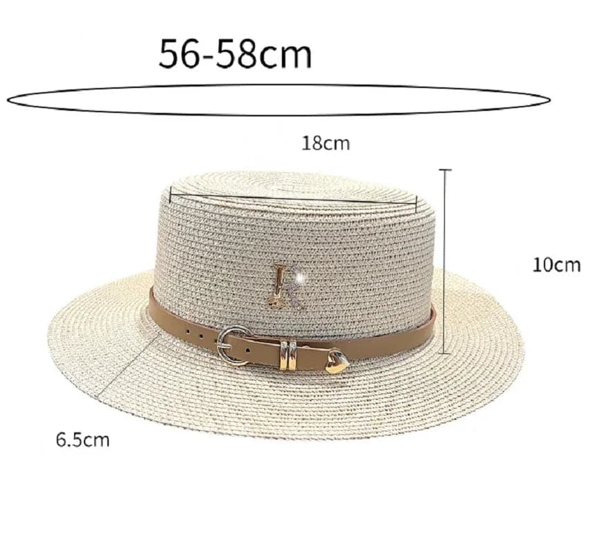 Summer Sun Hat Flat Top Straw Hats for Women New Metal R Letter Fashionable Beach Sun Hat Females Travel Holidays Boater Hat - Boutique Beauté Santé 