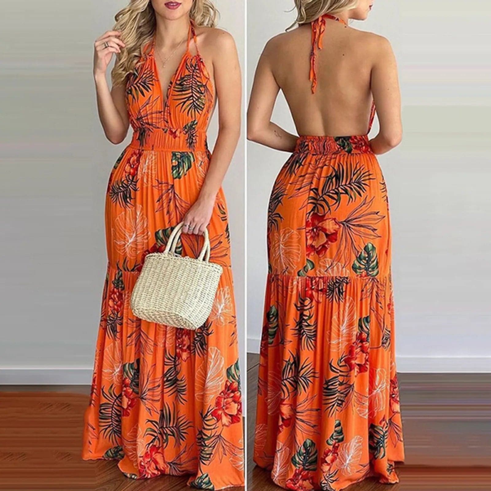 Summer Long Dress Bohemia Floral Casual Dresses Sexy Backless Halter Strapless 2024 Beach Sundress Vacation Clothes For Women - Boutique Beauté Santé 