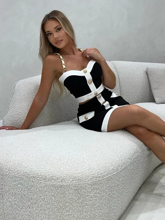 New Summer Women Dress 2024 Sexy Patchwork Button Bandage 2 Pieces Set Elegant Women Clothing Set Skirt Suit