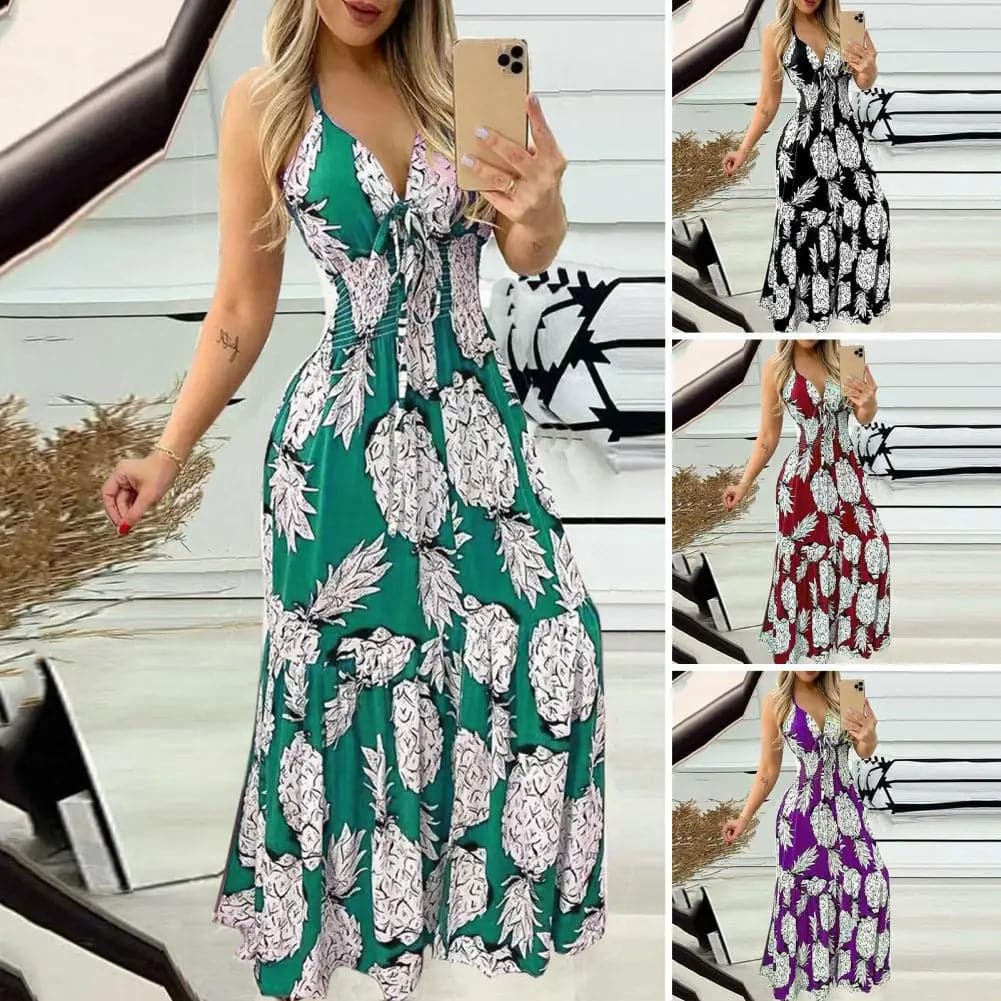 Women Beach Dress Floral Print Halter Neck Maxi Dress for Women Vacation Beachwear with Elastic High Waist Backless Design Women - Boutique Beauté Santé 