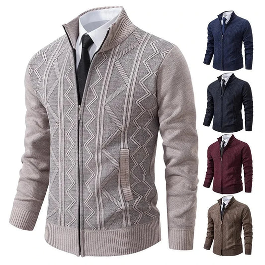 2024 Spring and Autumn Men's Knitted Cardigan Coat Fashion Plush Thickened Long Sleeved Standing Neck Sweater Men's