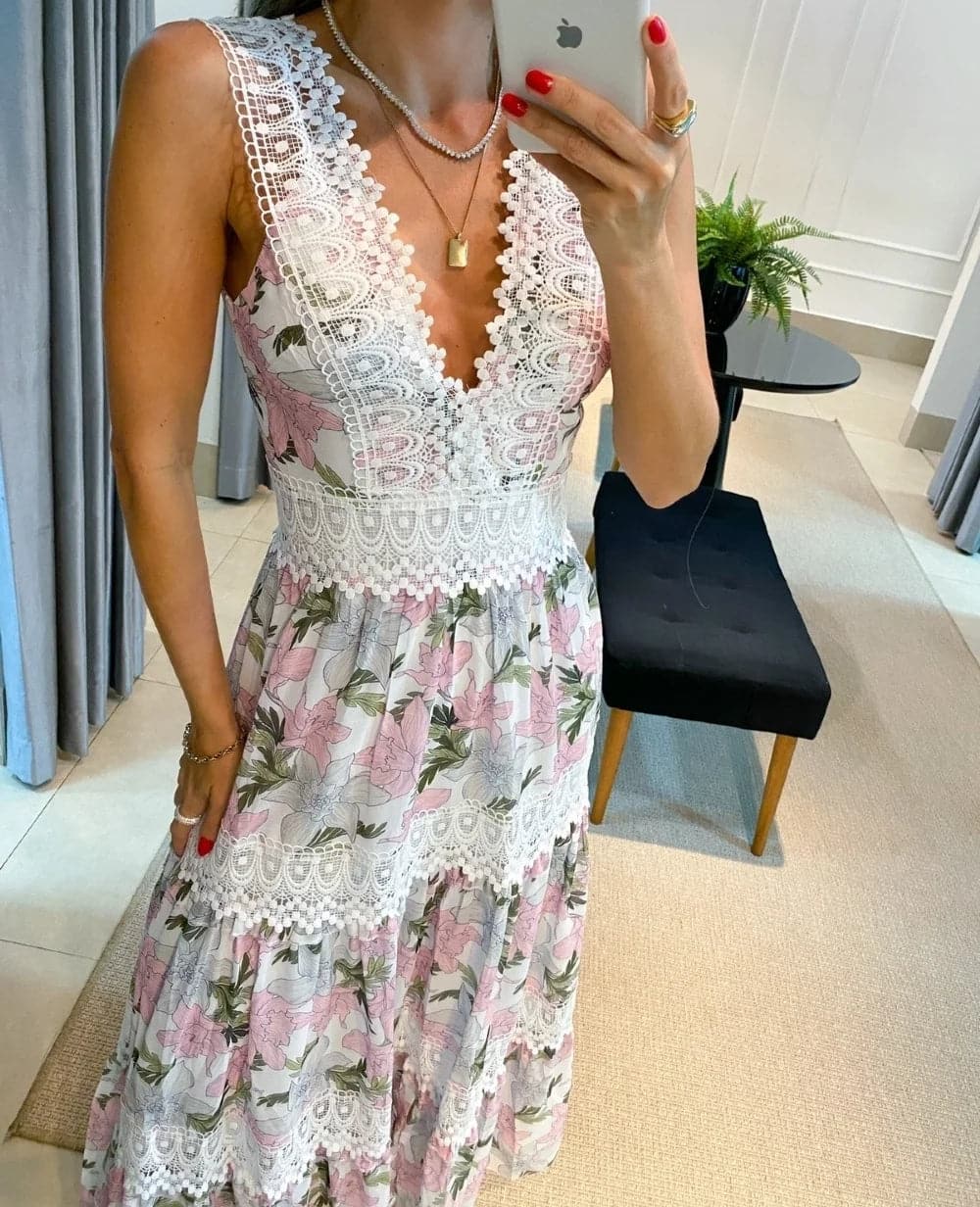 Women's Fashion V-neck Lace Large Swing Dress Elegant Temperament Women's Floral Print Sleeveless Back Zipper Daily Long Dress - Boutique Beauté Santé 