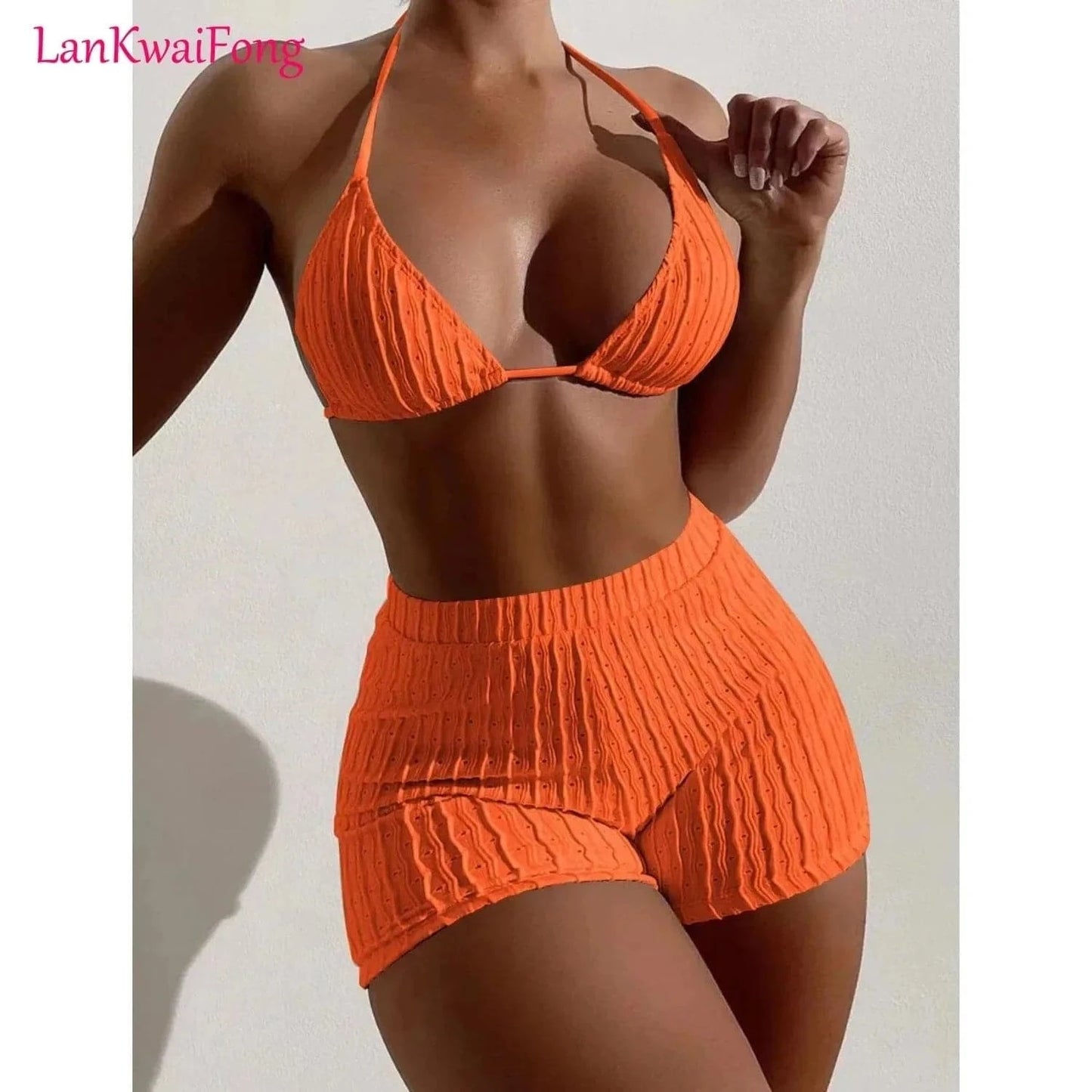 LKF 2024 Beach Split Swimsuit Women's 3D Stripe Chest Bracelet Bracelet Bra Flat Angle Shorts Strap Bikini Two Piece Set