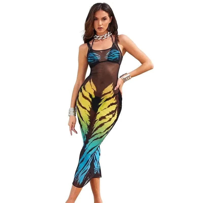 European and American style vest printed beach vacation dress 2024 summer new slim see-through long skirt