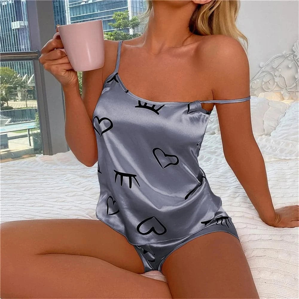 2024 New Fashion Sexy Love Pajama Set Women's 2 Pieces Sleepwear Pyjamas Silk Satin Cami Top and Shorts Pajamas for Women Love