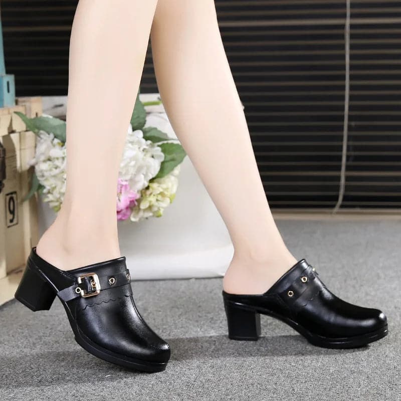 Fashion Women Pumps Slippers Ladies Female Slides Shoes Sandals 2024 Indoor Shopping Mall High-Heeled Slippers Genuine Leather - Boutique Beauté Santé 