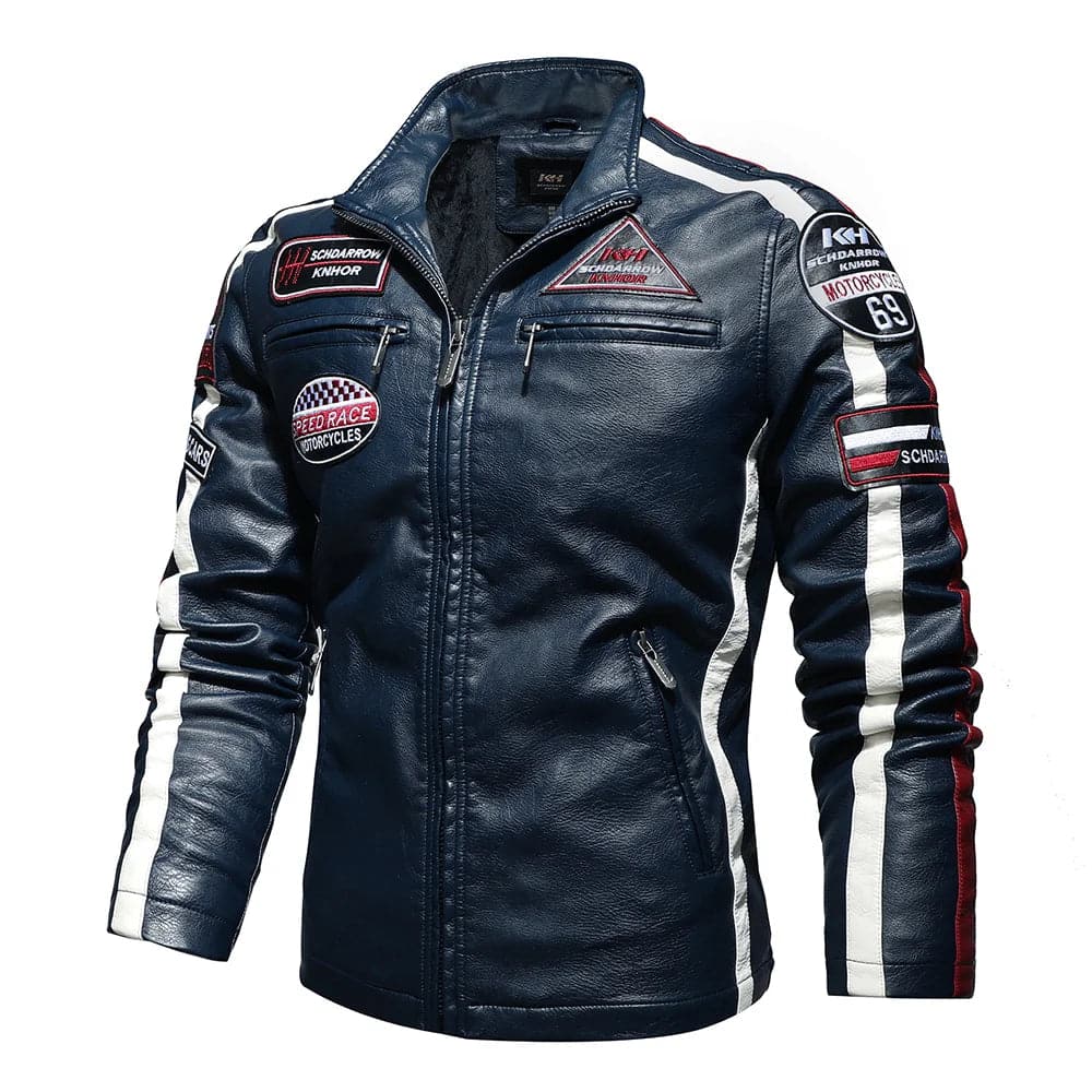 Blouson aviateur en cuir PU brodé pour hommes, pardessus de motard vintage, vestes de sourire à fermeture éclair, patchwork décontracté, moto, automne - Boutique Beauté Santé 