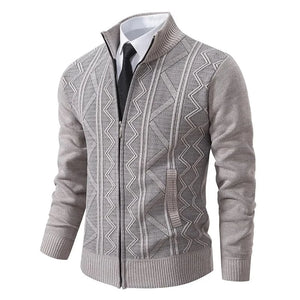 2024 Spring and Autumn Men's Knitted Cardigan Coat Fashion Plush Thickened Long Sleeved Standing Neck Sweater Men's